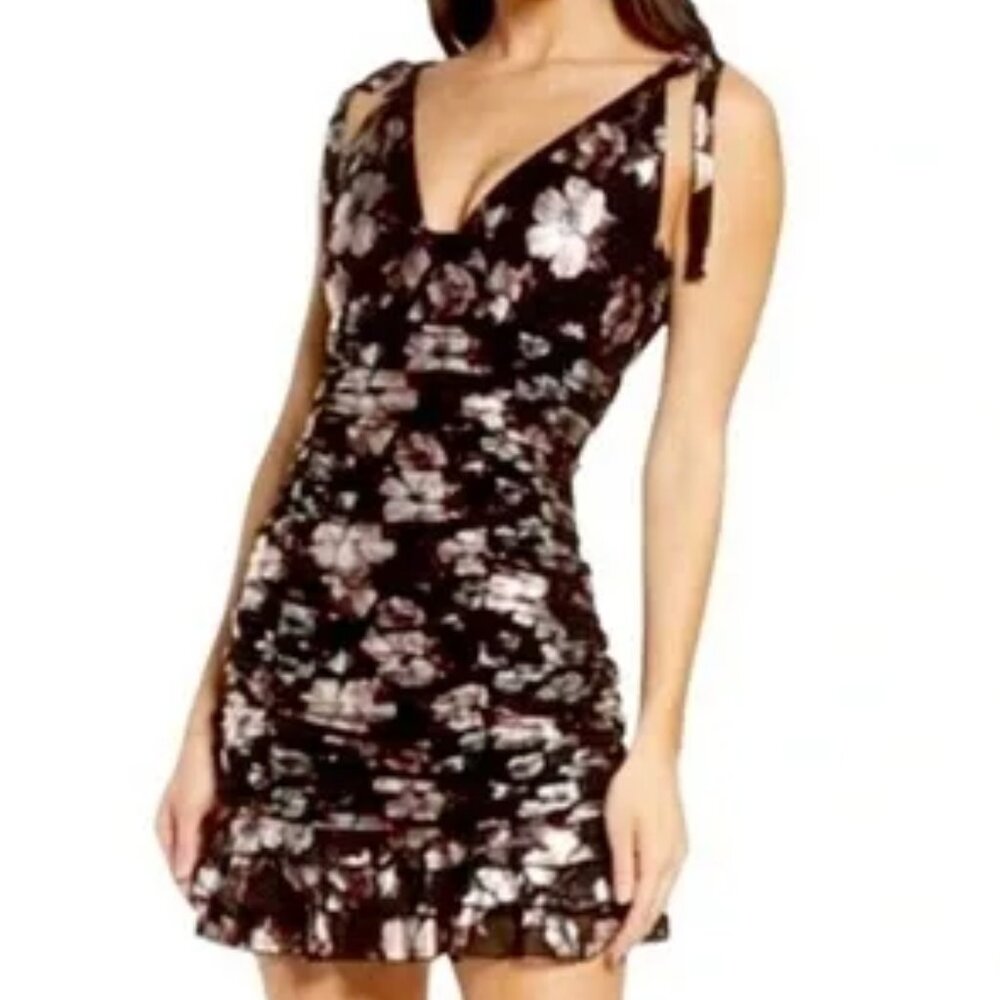 HARLYN WOMENS BLACK FLORAL RUCHED COCKTAIL RUFFLE DRESS SIZE XS NWT